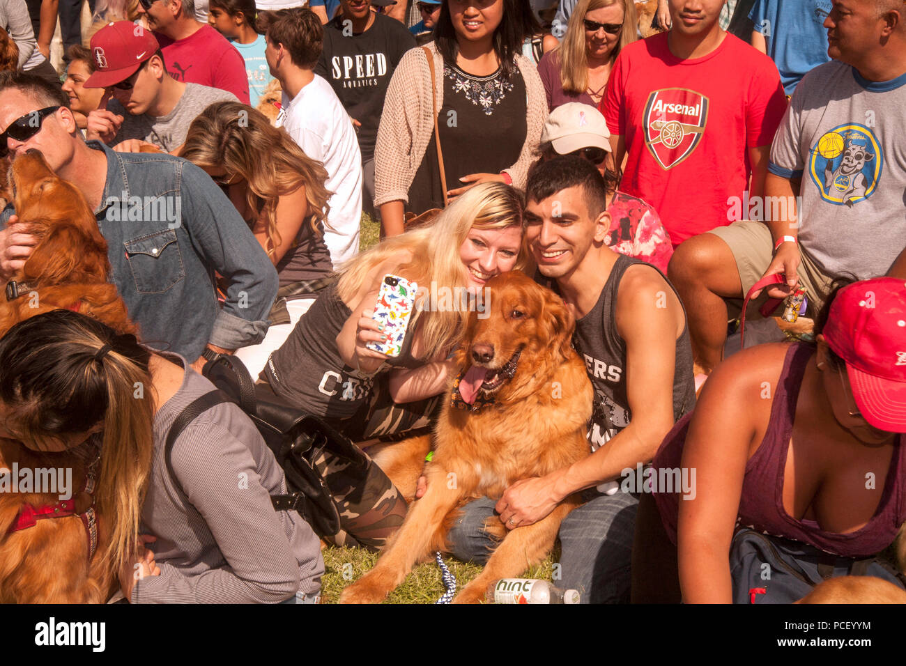 Les propriétaires de chiens Golden Retriever multiraciale un snap car elles constituent selfies avec leurs animaux pour une photo de groupe dans un Huntington Beach, CA, parc lors d'un festival de chien. (Photo par Spencer Grant) Banque D'Images