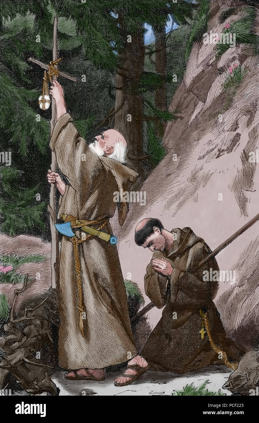 L'âge carolingien. Début de l'époque médiévale. La fondation de l'Abbaye de Saint-Gall. Gravure, 1882. Banque D'Images