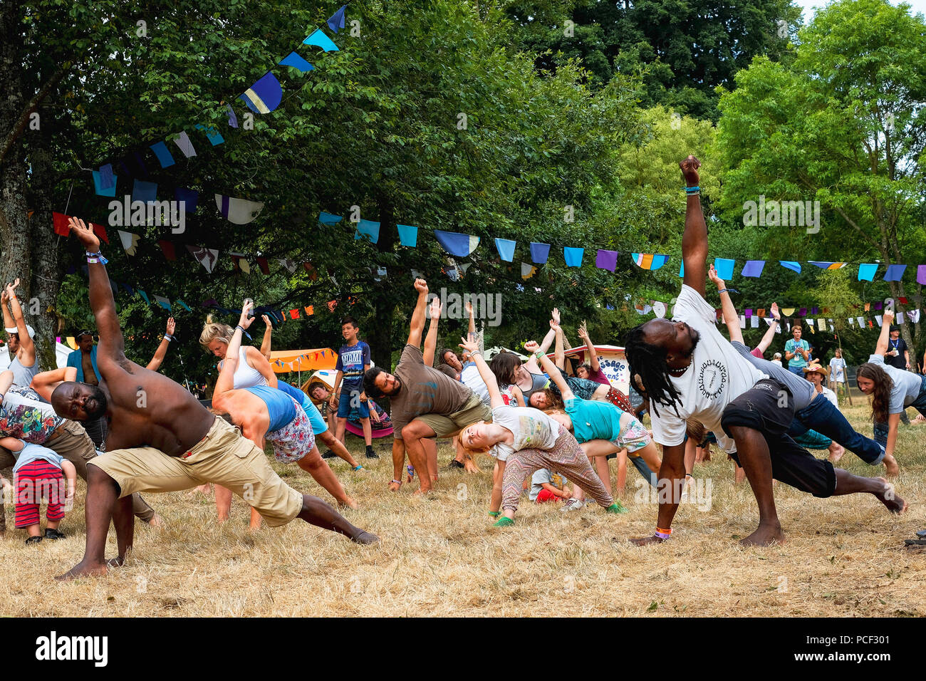 Le monde du bien-être au WOMAD le vendredi 27 juillet 2017 tenue à Charlton Park, Wiltshire . Sur la photo : beaucoup de la santé et des soins holistiques sont disponibles au festival. Une classe de yoga dans les bois. Banque D'Images