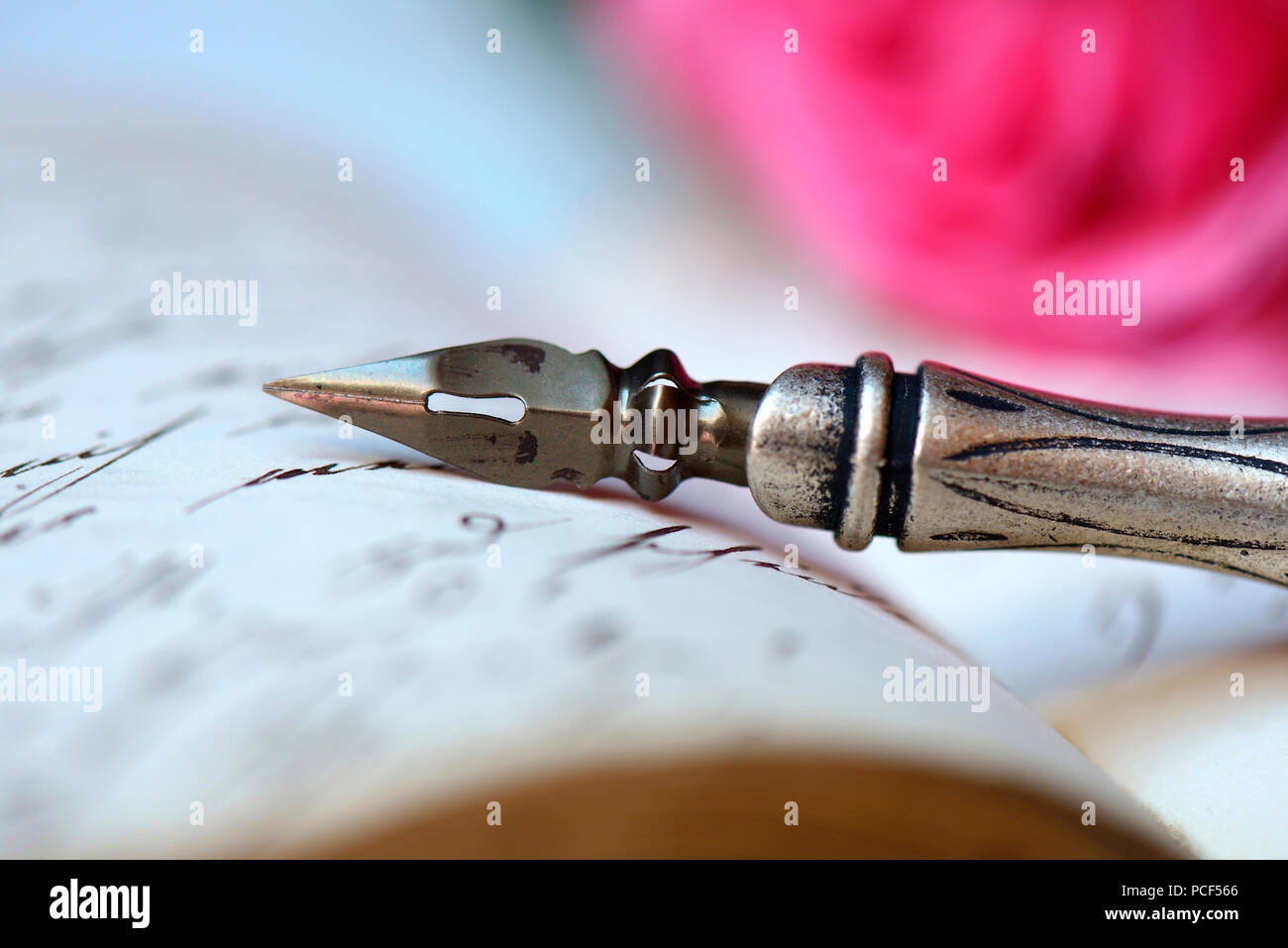 Schreibfeder Federhalter mit auf Buch mit alter Handschrift Banque D'Images