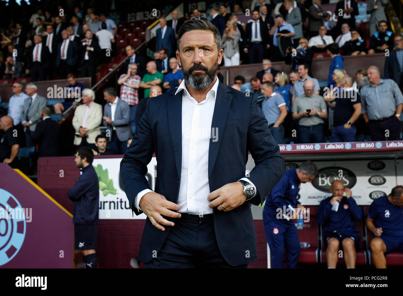 Burnley, Royaume-Uni. 2 août 2018. Derek McInnes Aberdeen Manager avant l'UEFA Europa League Deuxième tour de qualification deuxième match de jambe entre Burnley et Aberdeen à Turf Moor le 2 août 2018 à Burnley, en Angleterre. Credit : PHC Images/Alamy Live News Banque D'Images