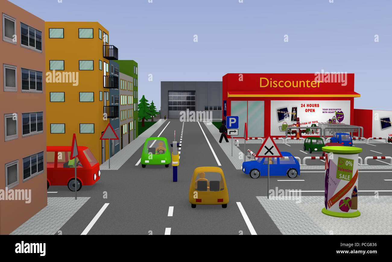 Avec vue sur la ville, parking de l'escompteur, voitures, les plaques de rue et policier avec panneau d'arrêt qui régule le trafic et affiche toujours en attente. Le rendu 3D Banque D'Images Avec vue sur la ville, parking de l'escompteur, voitures, les plaques de rue et policier avec panneau d'arrêt qui régule le trafic et affiche toujours en attente. Le rendu 3D Banque D'Images