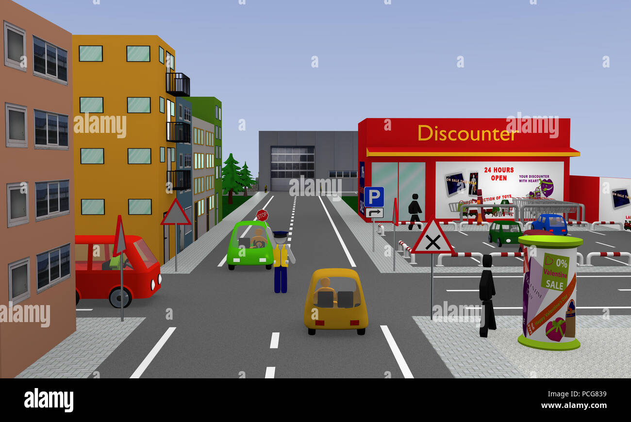 Avec vue sur la ville, parking de l'escompteur, voitures, les plaques de rue et policier avec panneau d'arrêt qui régule le trafic. Le rendu 3D Banque D'Images Avec vue sur la ville, parking de l'escompteur, voitures, les plaques de rue et policier avec panneau d'arrêt qui régule le trafic. Le rendu 3D Banque D'Images