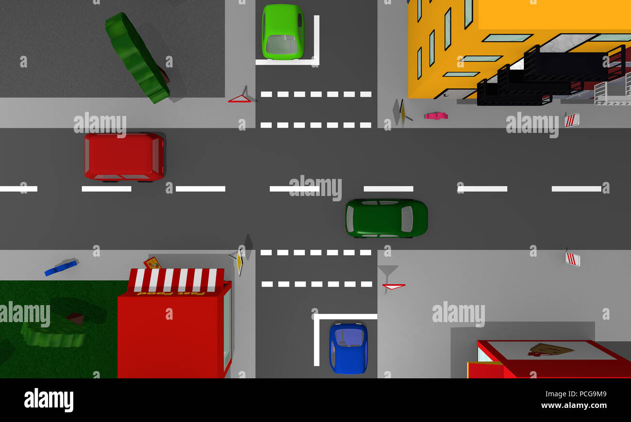 Vue sur la ville d'en haut : intersection de la route prioritaire et accorder le droit de passage. Le rendu 3D Banque D'Images