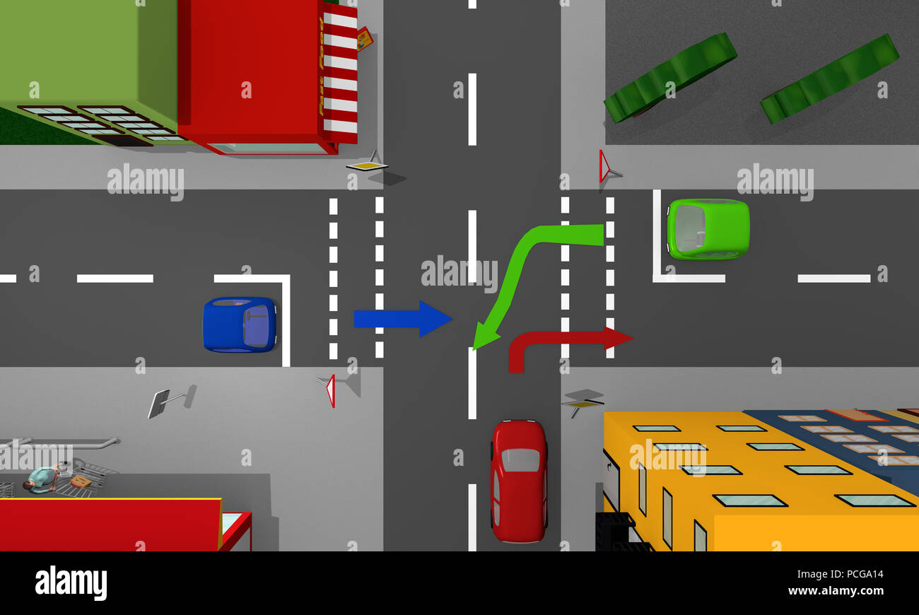Vue sur la ville d'en haut : intersection de la route prioritaire et droit de passage grant et flèches directionnelles. Le rendu 3D Banque D'Images Vue sur la ville d'en haut : intersection de la route prioritaire et droit de passage grant et flèches directionnelles. Le rendu 3D Banque D'Images