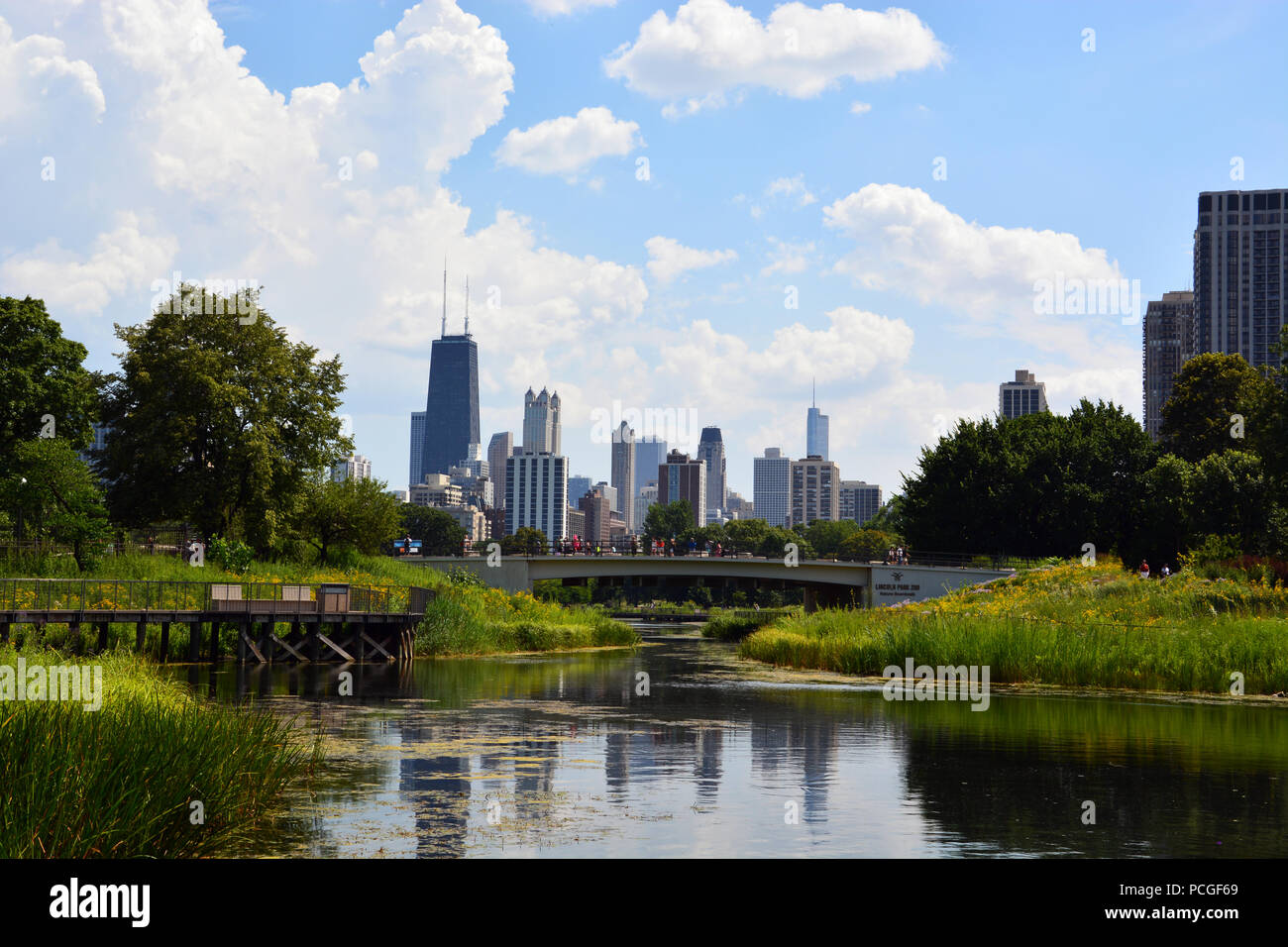 L'horizon de Chicago sur l'étang sud du Lincoln Park Zoo Nature sur la promenade près du côté nord. Banque D'Images