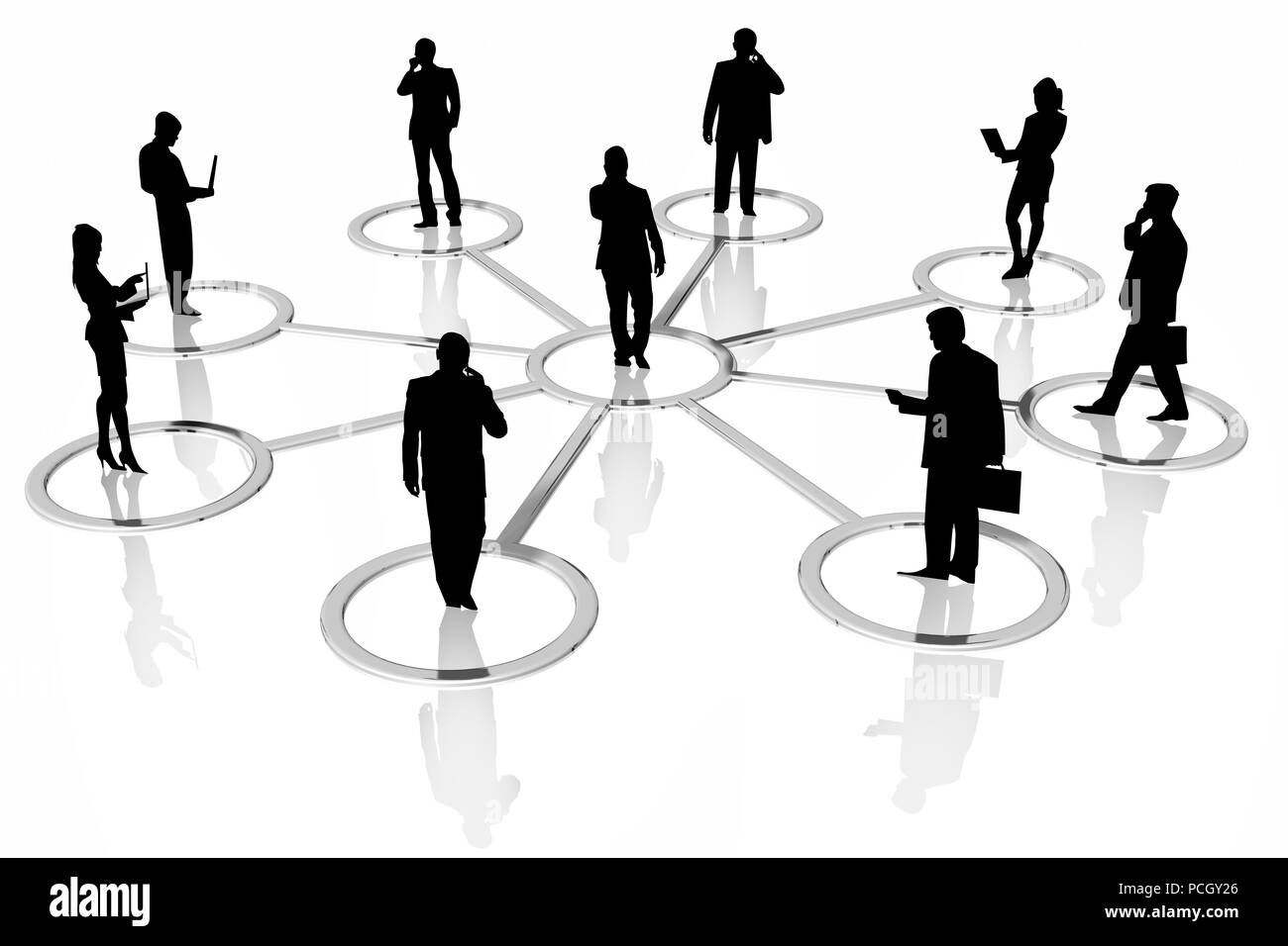 Les gens en silhouette, hommes et femmes, sont reliés et connectés, pour ensemble idéal. Banque D'Images