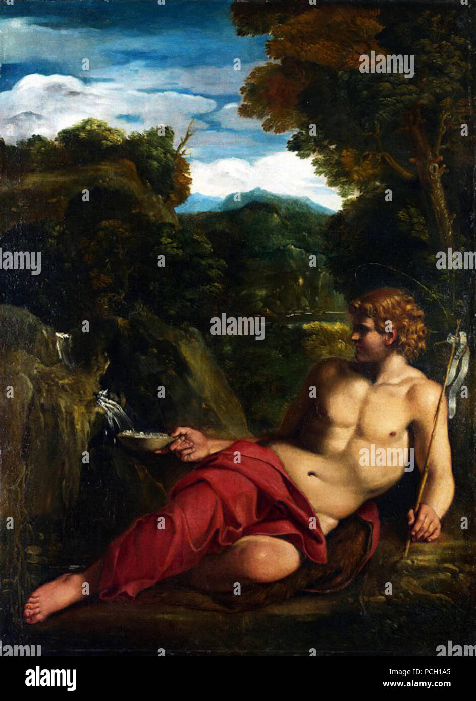 132 Cercle d'Annibale Carracci, Saint Jean Baptiste assis dans le désert Banque D'Images