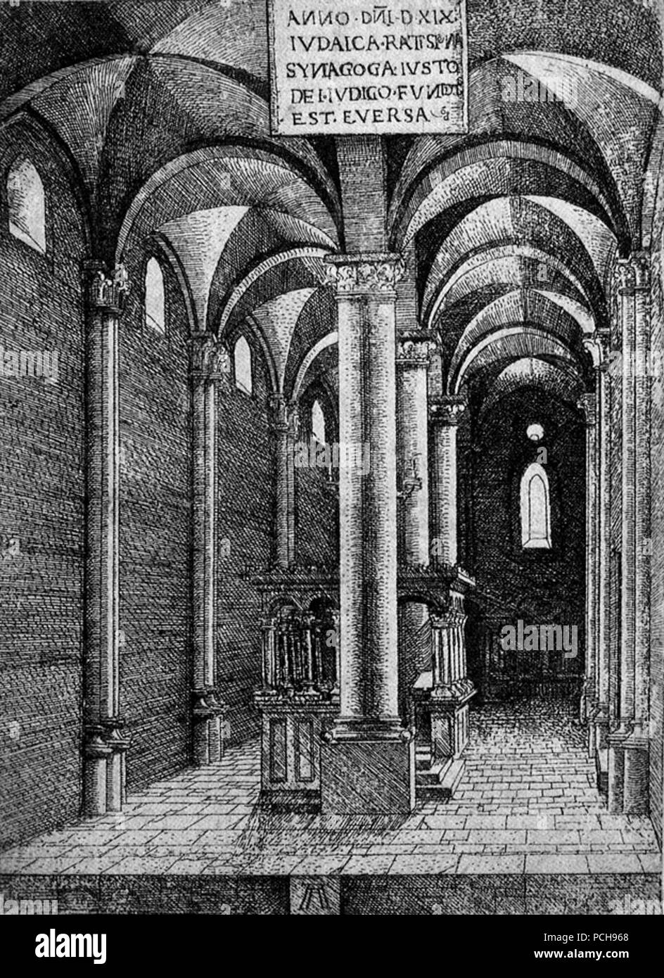 Albrecht, 1519 - eau-forte - l'intérieur de la Synagogue de Ratisbonne. Banque D'Images