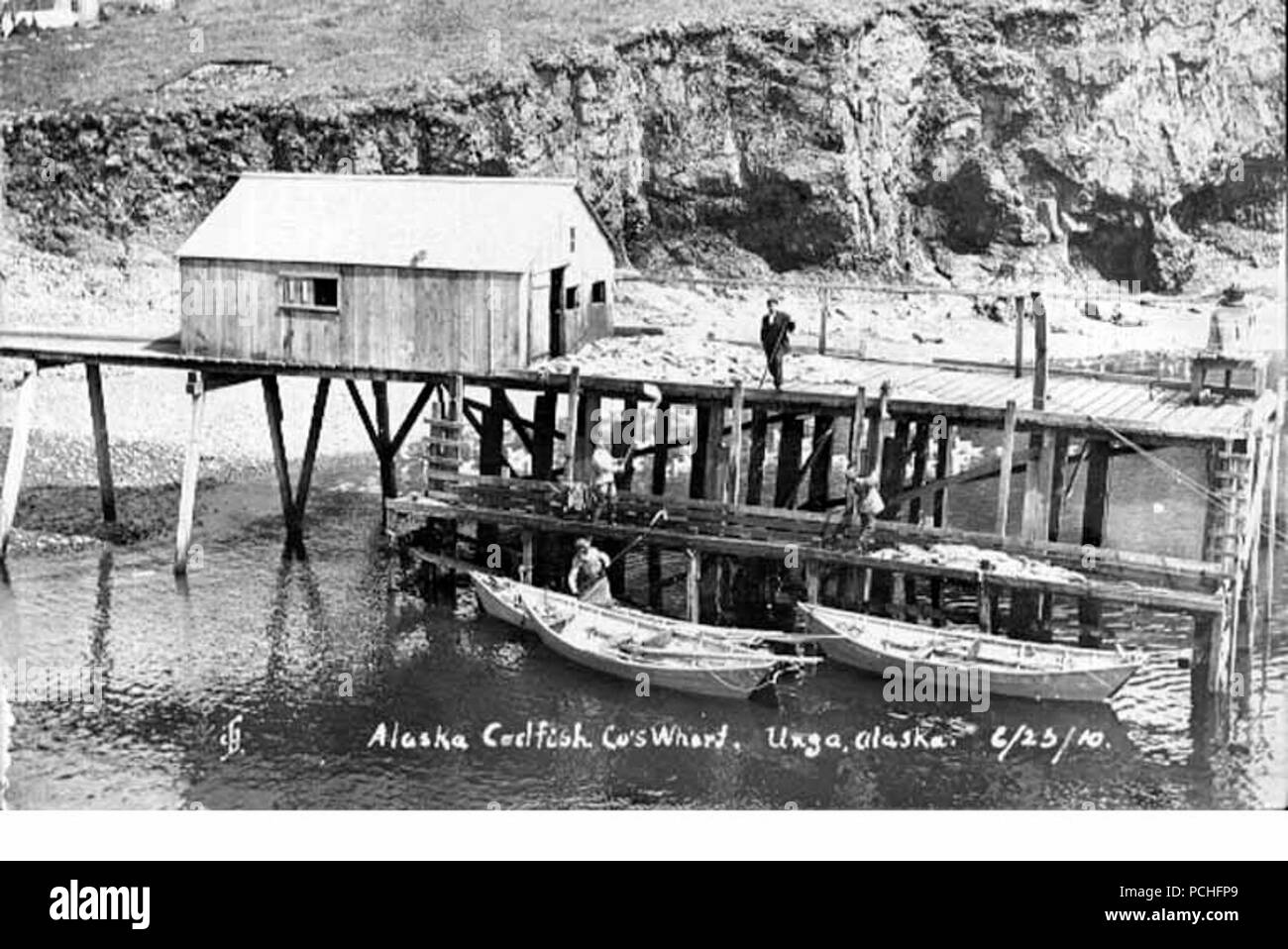 La morue de l'Alaska Company-s wharf montrant les hommes projetant des poissons jusqu'au quai du port de l'île de l'AGNU Squaw doris 23 juin 1910 Cobb (368). Banque D'Images