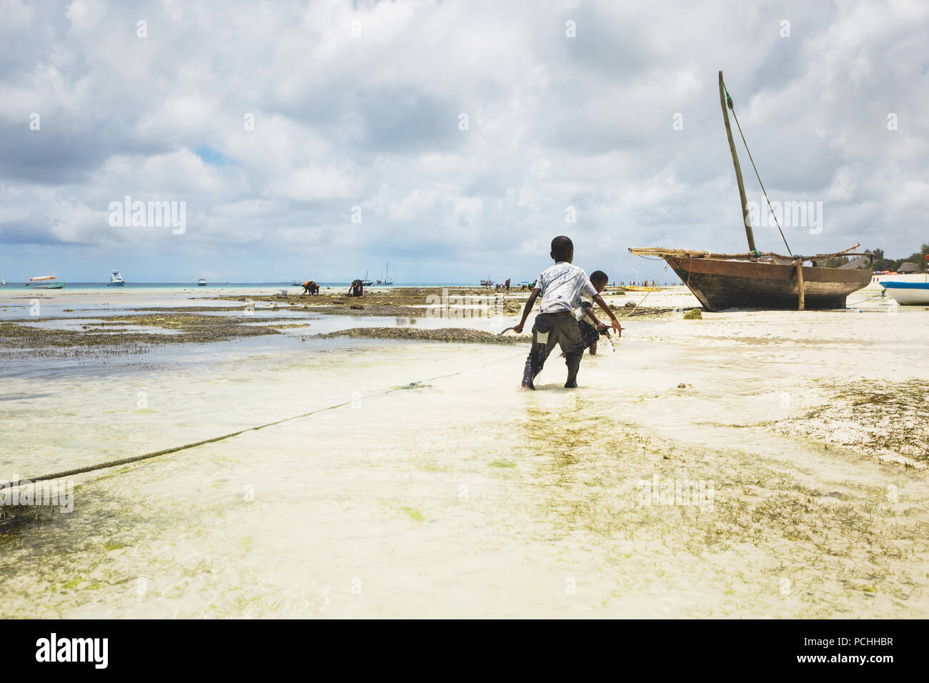 Enfant Africain à la recherche de fruits de mer dans l'océan. Du sud, la Tanzanie, l'île de Zanzibar Banque D'Images