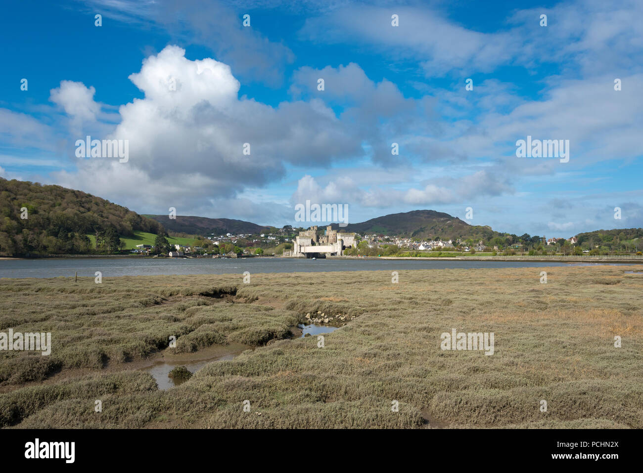 Vue sur Château de Conwy à partir de l'ensemble de l'estuaire de la rivière Conwy, au nord du Pays de Galles, Royaume-Uni. Un jour de printemps ensoleillé. Banque D'Images