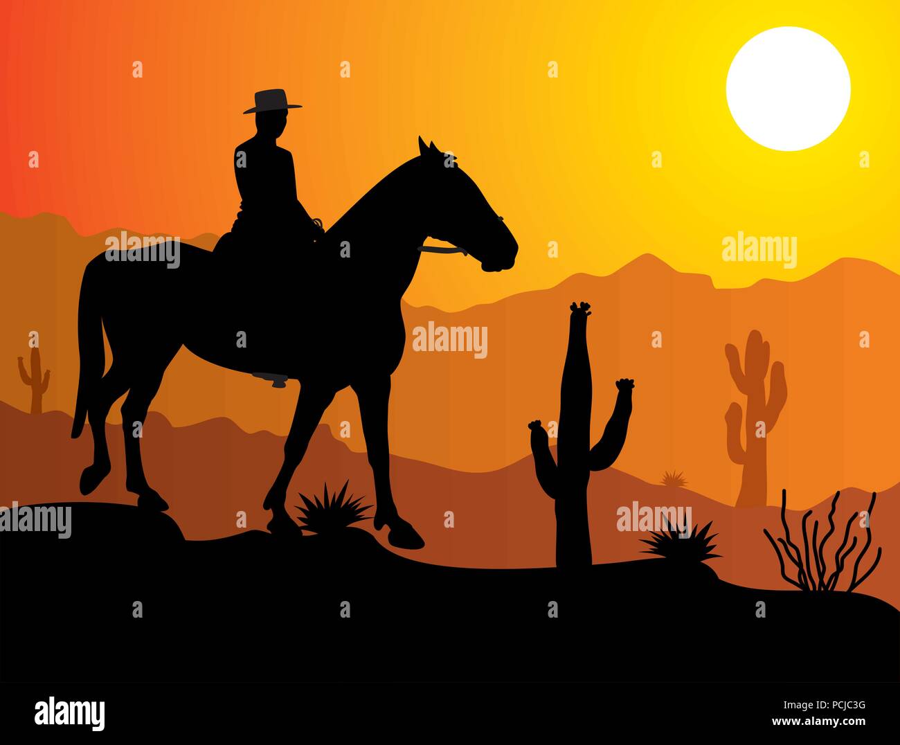 Homme vecteur sur le cheval dans le désert au lever ou au coucher du soleil Illustration de Vecteur