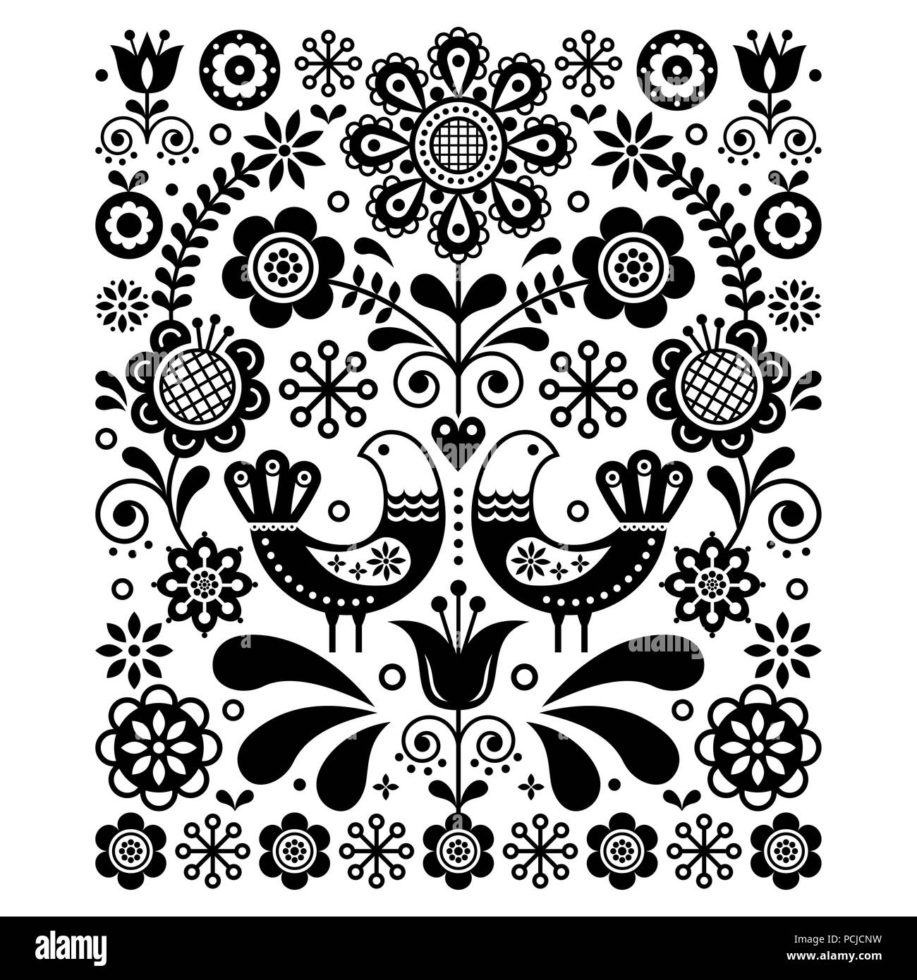 L'art populaire mignon scandinave décoration vectorielle avec oiseaux et fleurs, noir et blanc marine scandinave modèle floral Illustration de Vecteur
