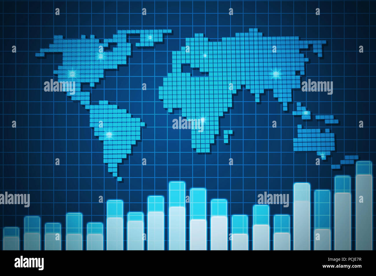 Écran bleu digital world map et volump graphique sur fond de grille,illustration. Banque D'Images