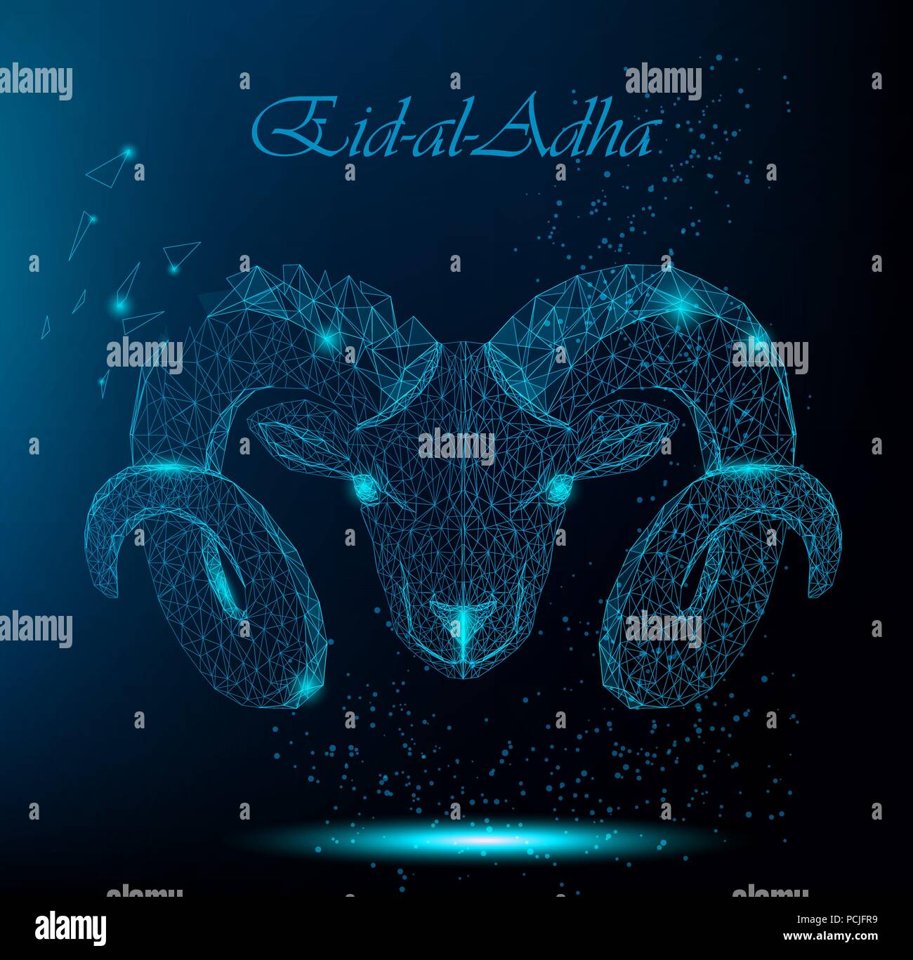 Fête musulmane d'Eid al-Adha. Ram polygonale de Kurban Bayrami. Mois Sacré. Vector illustration sur fond bleu foncé avec des mots d'accueil en haut Illustration de Vecteur