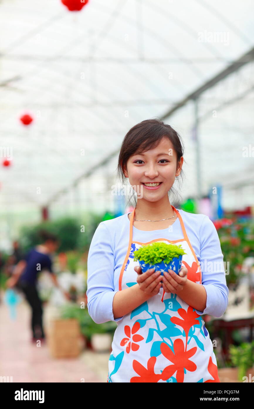 Jeune femme d'origine asiatique dans la boutique de fleuriste Banque D'Images