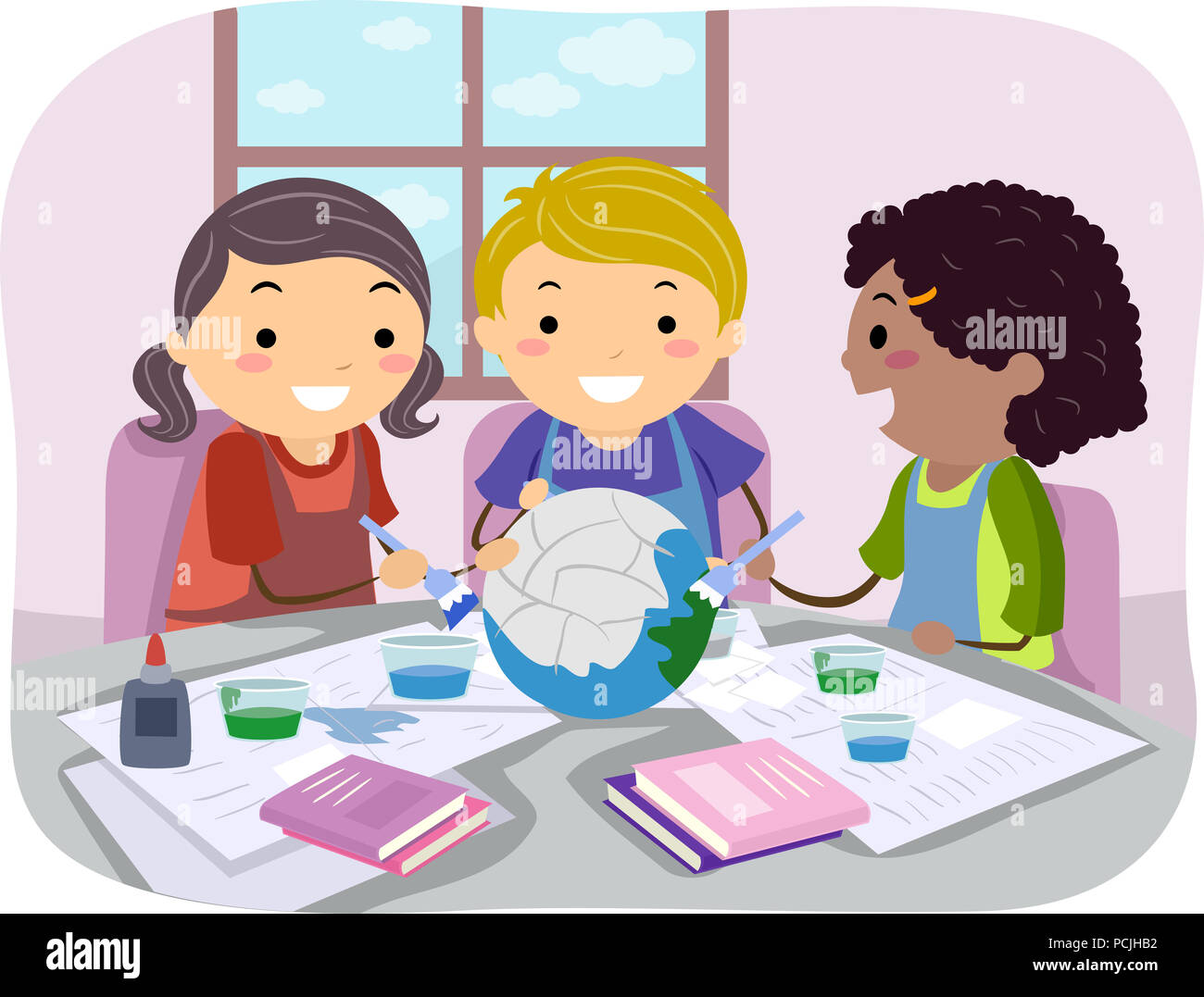 Illustration de la création d'un Globe Enfants Stickman le papier mâché pour le projet d'école Banque D'Images