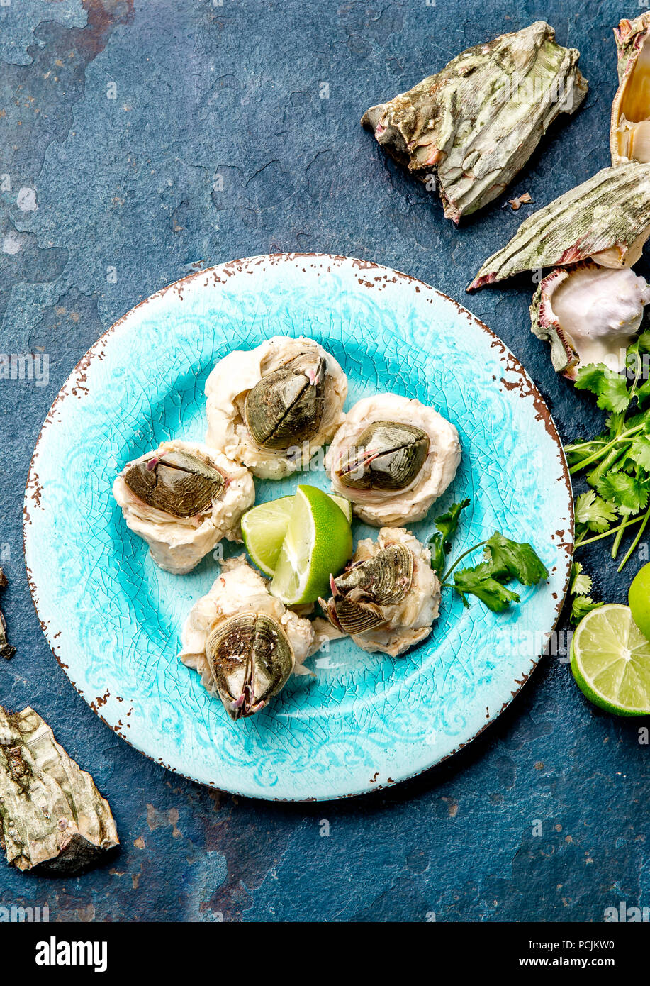 PICOROCO DE FRUITS DE MER. Picoroco Austromegabalanus psittacus, préparés, la balane géant ou picoroco. Et fruits de mer frais du Chili au Pérou. Banque D'Images