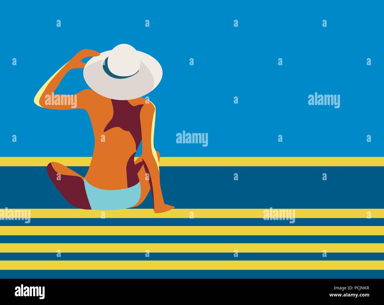 Un vecteur retro poster avec une fille dans un grand chapeau assis sur la piscine ou sur la plage. Une femme de la retour retour à à la mer Illustration de Vecteur