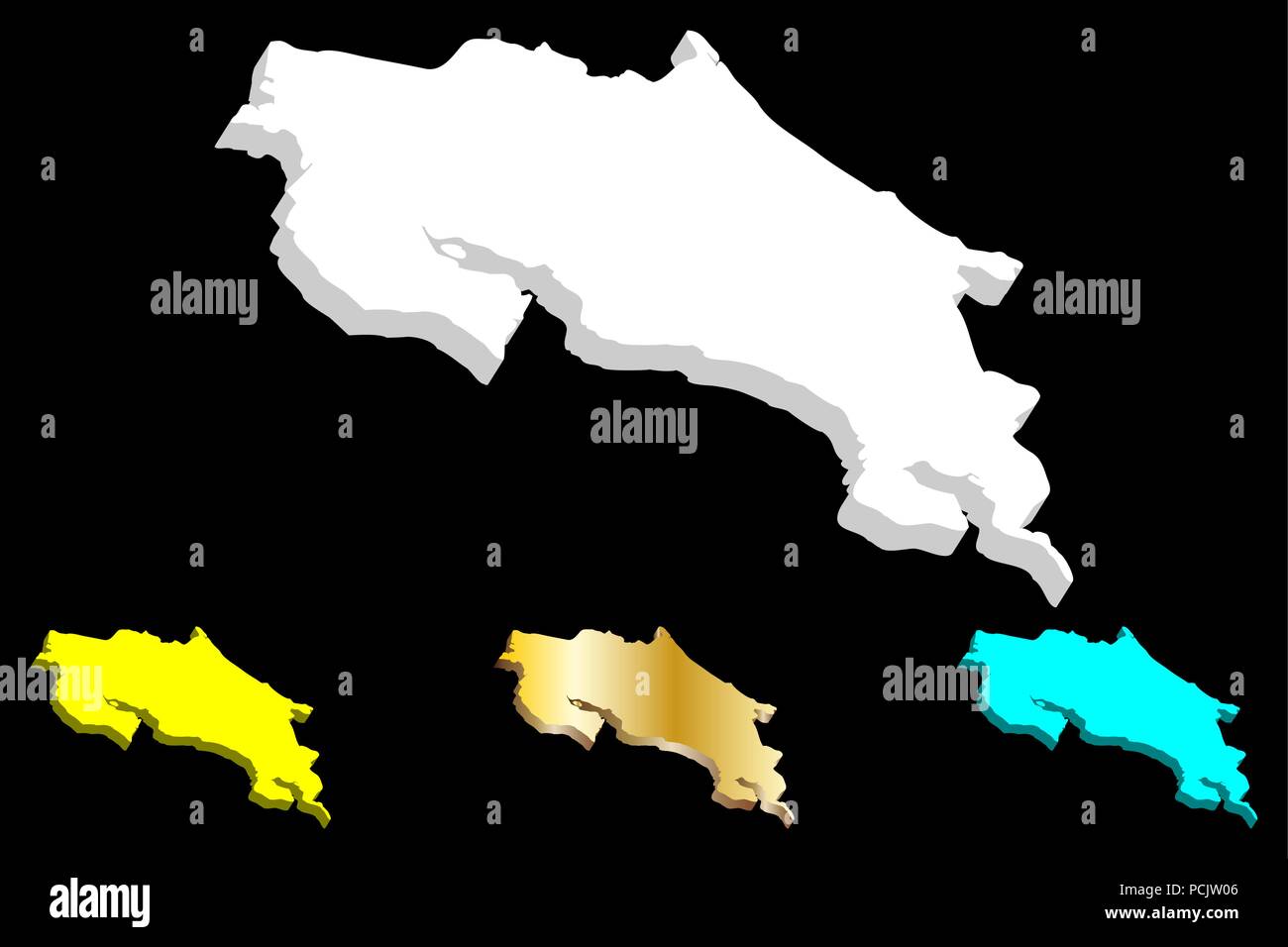 3D de la carte du Costa Rica (République du Costa Rica) - blanc, jaune, bleu et or - vector illustration Illustration de Vecteur