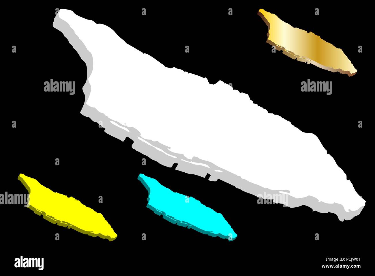 Carte 3D d'Aruba (île de Royaume des Pays-Bas) - blanc, jaune, bleu et or - vector illustration Illustration de Vecteur