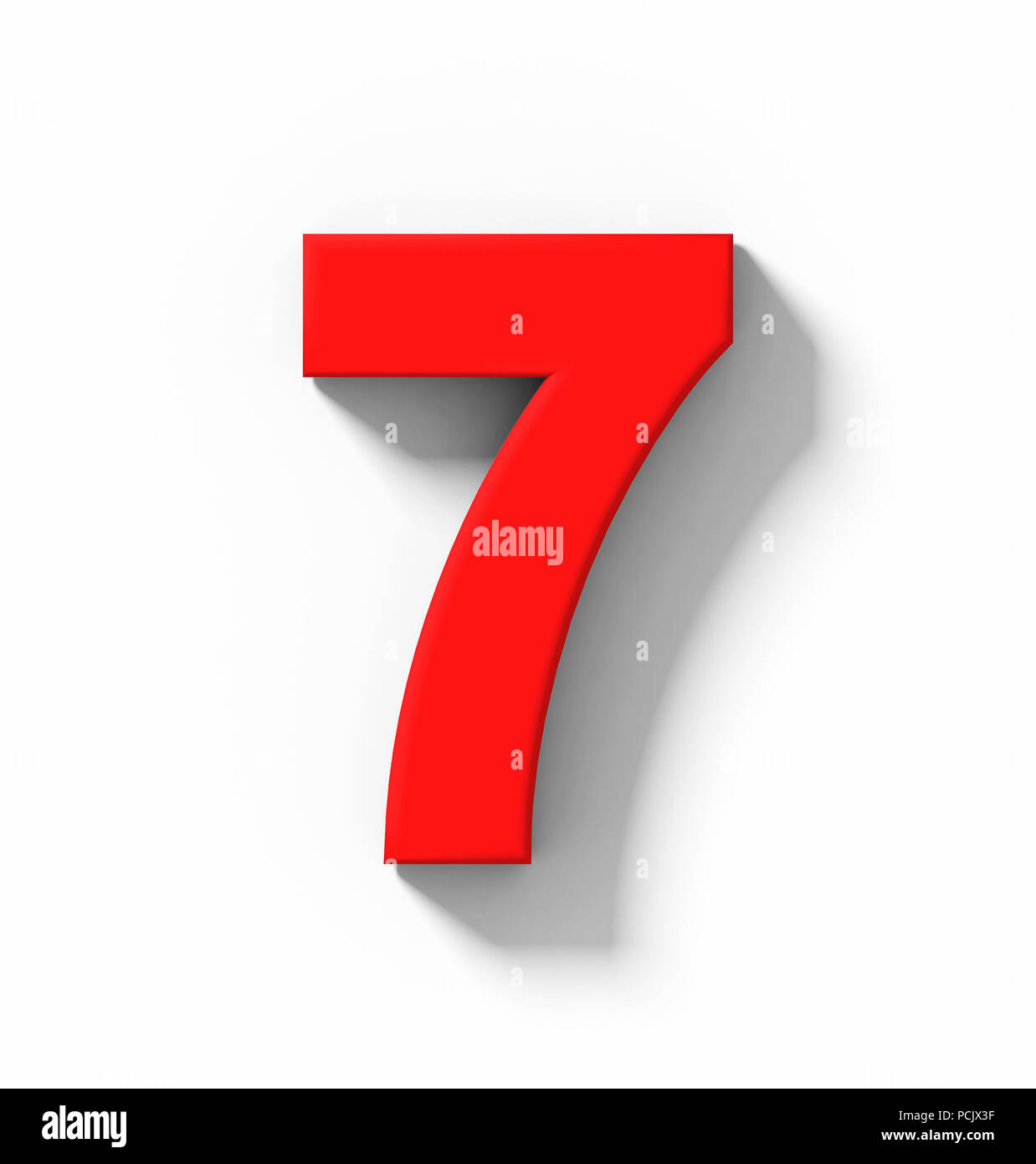 Numéro 7 3D rouge isolé sur blanc avec ombre - projection orthogonale - 3D Rendering Banque D'Images