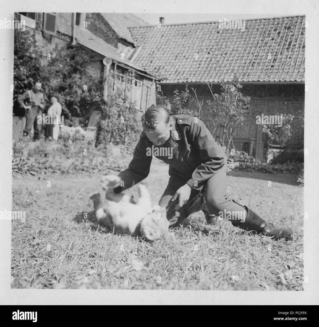 Image à partir d'un album de photos relatives à II. Gruppe, Jagdgeschwader 3 : d'un aviateur de l'II. Gruppe, Jagdgeschwader 3 joue avec 'Simba', le lion cub mascotte du Gruppe, dans une ville française à l'été 1940. Banque D'Images