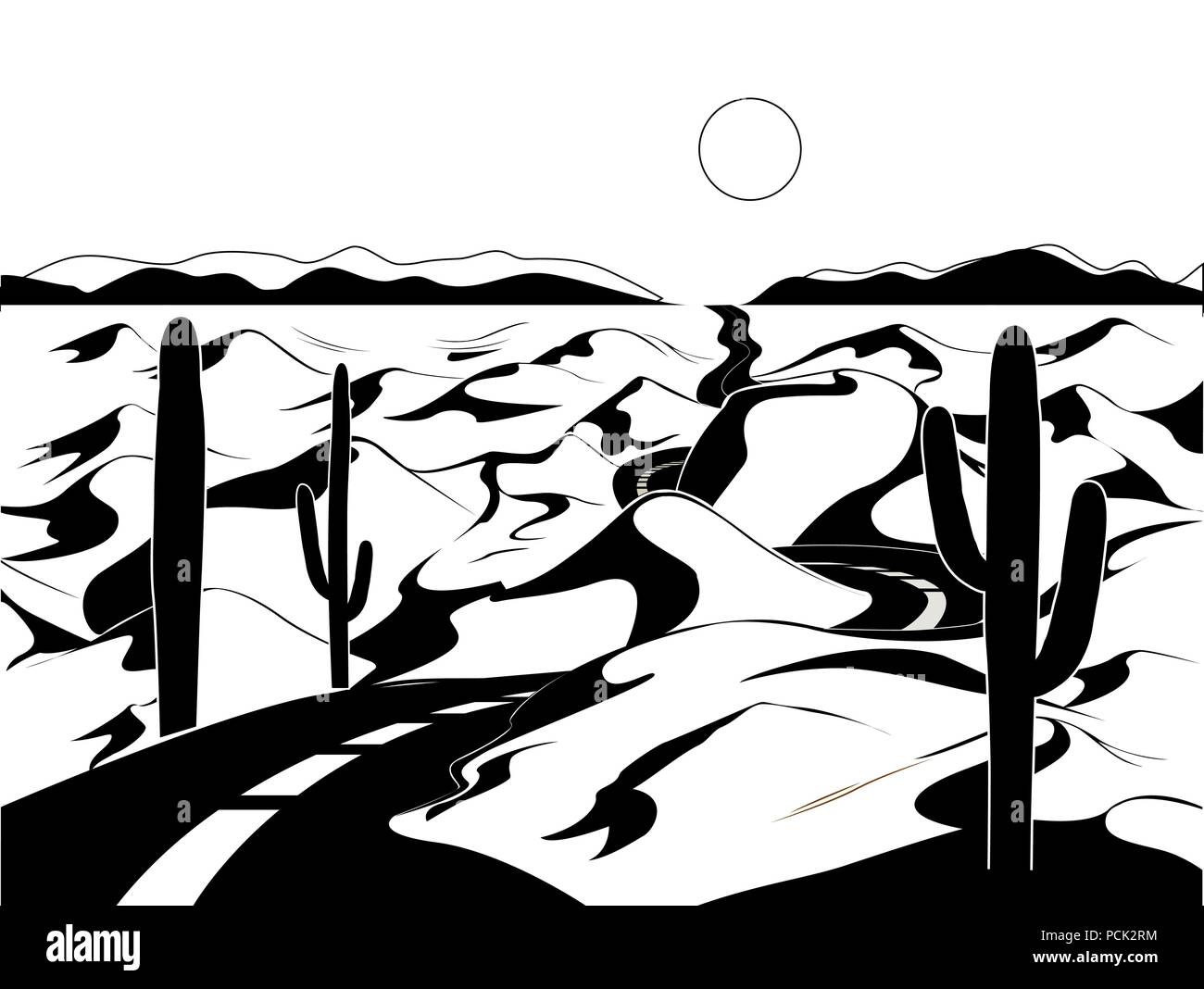 Vector paysage désertique avec dunes de sable, cactus, route, et soleil. Illustration noir et blanc Illustration de Vecteur