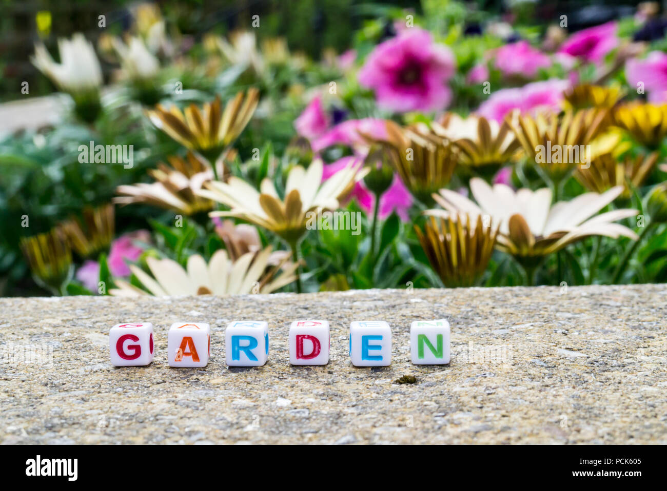 Perles de l'orthographe alphabétique 'jardin' à côté d'un lit de fleur Banque D'Images
