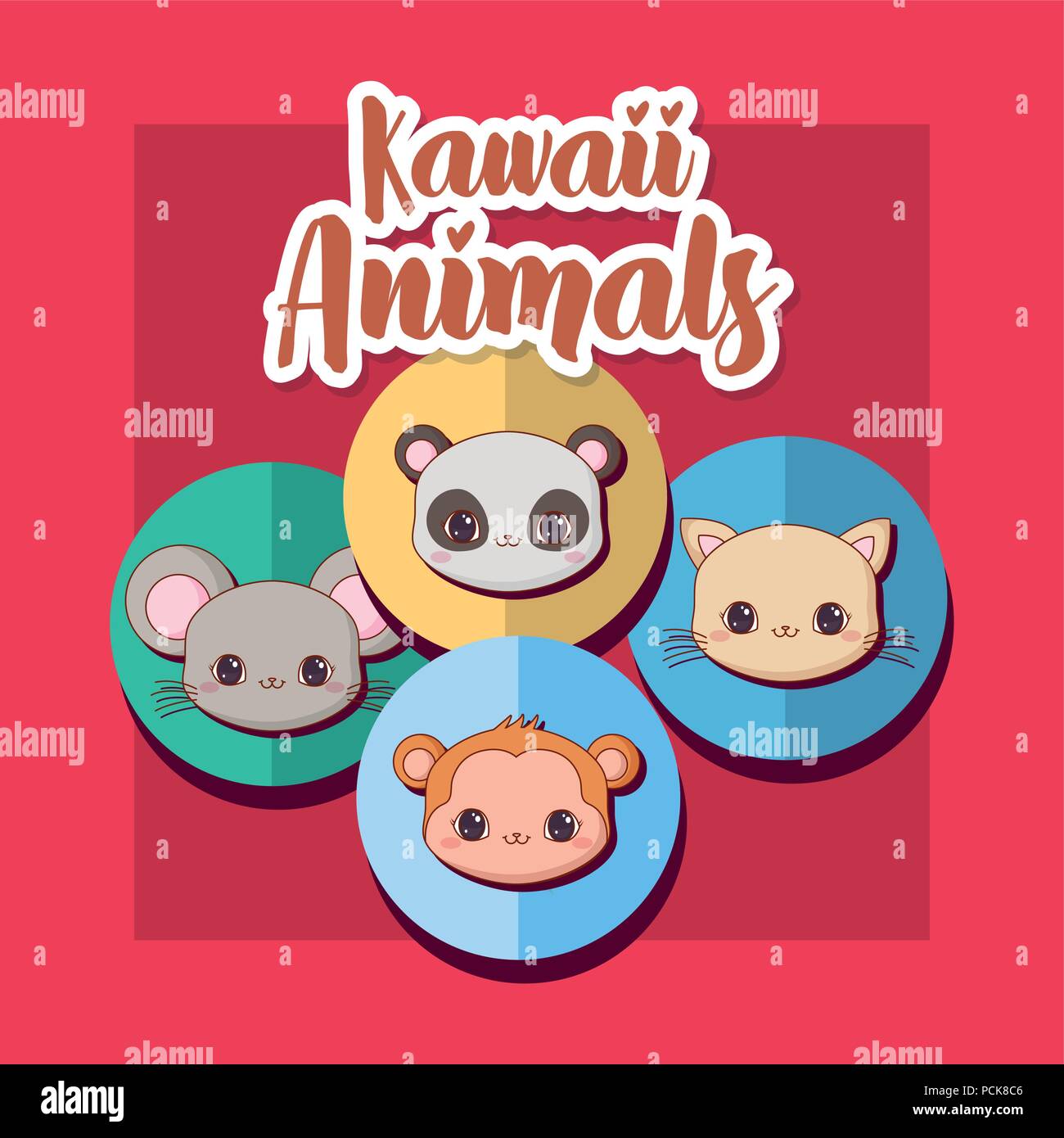Kawaii animaux sur fond rose et des cercles colorés, vector illustration Illustration de Vecteur