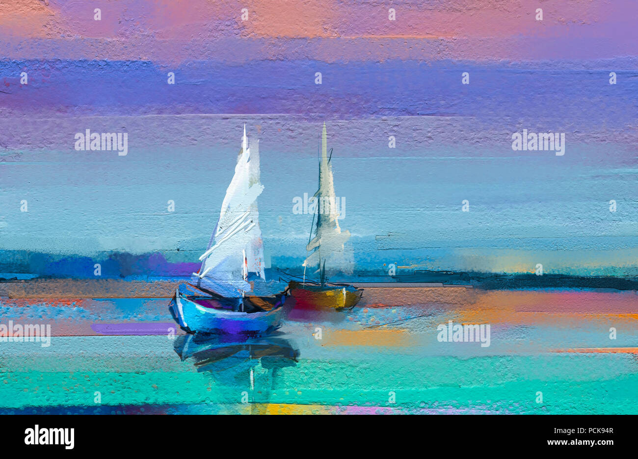 Peinture à l'huile sur toile colorée de texture. Image de l'Impressionnisme seascape peintures avec la lumière du soleil. Modern Art - Peintures à l'huile avec voile, voile Banque D'Images