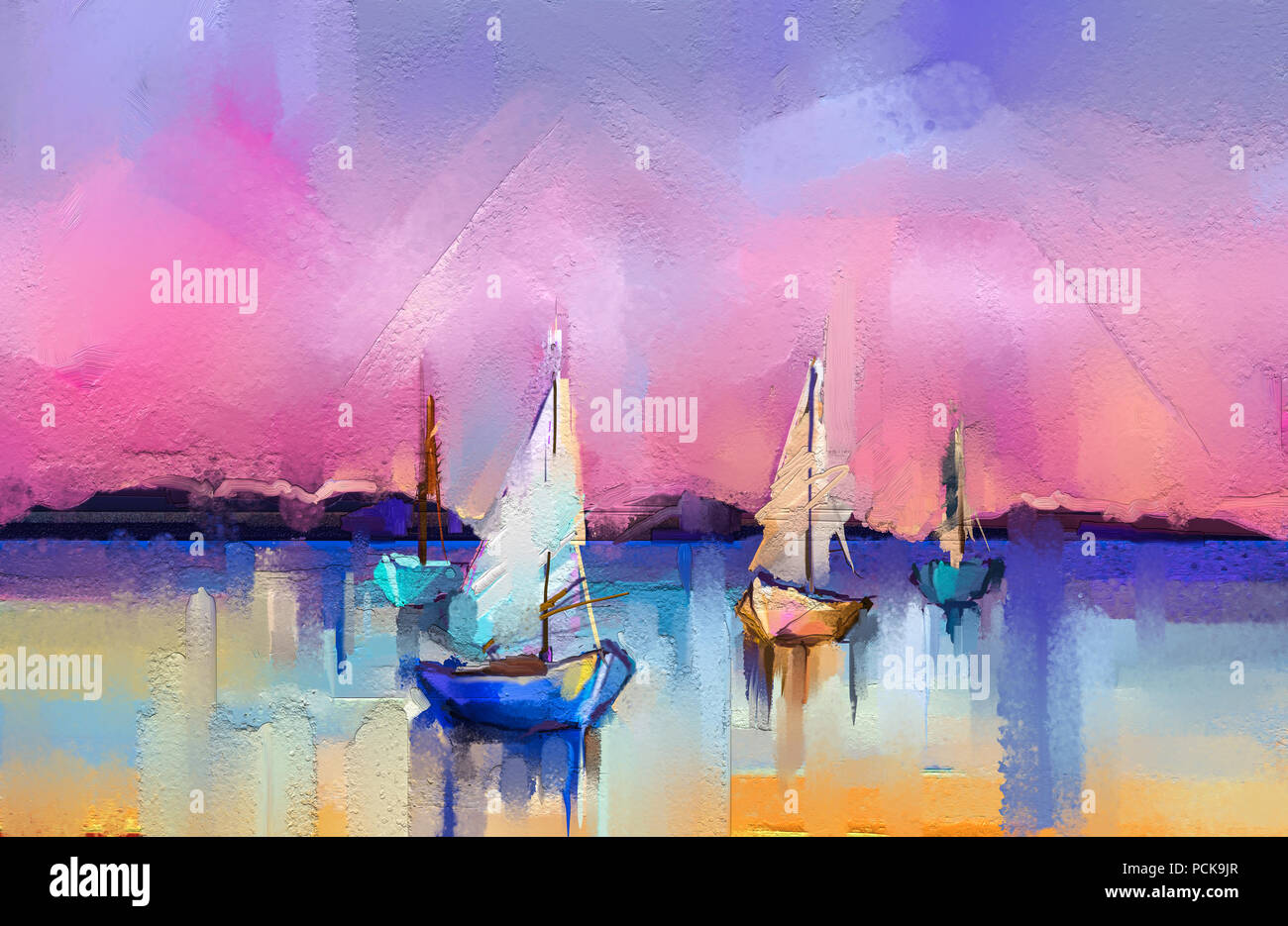 Peinture à l'huile sur toile colorée de texture. Image de l'Impressionnisme seascape peintures avec la lumière du soleil. Modern Art - Peintures à l'huile avec voile, voile Banque D'Images