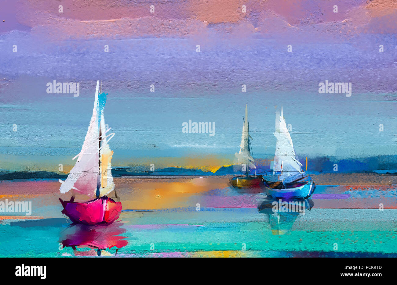 Peinture à l'huile sur toile colorée de texture. Image de l'Impressionnisme seascape peintures avec la lumière du soleil. Modern Art - Peintures à l'huile avec voile, voile Banque D'Images