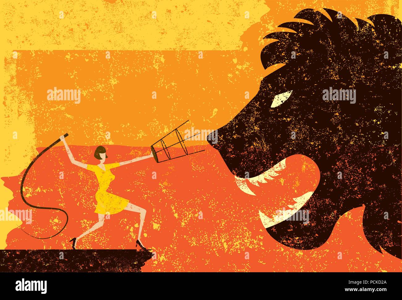 Un dompteur dompteur son whip cracking dans une grande tête de lion sur un fond abstrait. Illustration de Vecteur