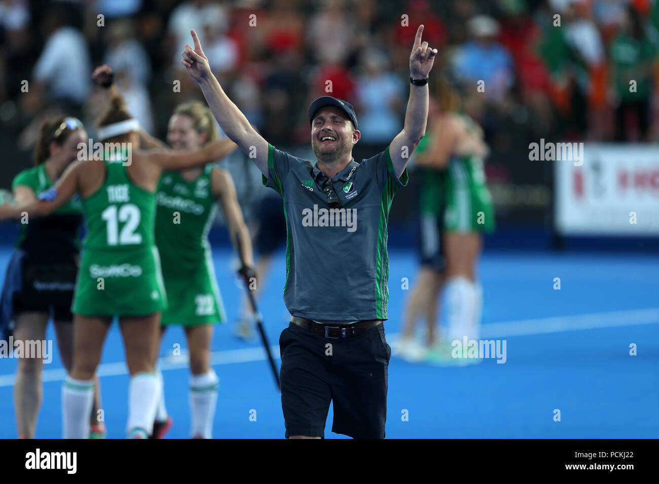 Ireland's Graham Shaw célèbre après avoir remporté le quart de finale pousse dehors à la Lee Valley Hockey et Tennis Centre, Londres. ASSOCIATION DE PRESSE Photo, Photo date : Jeudi 2 août 2018. Crédit photo doit se lire : Steven Paston/PA Wire Banque D'Images