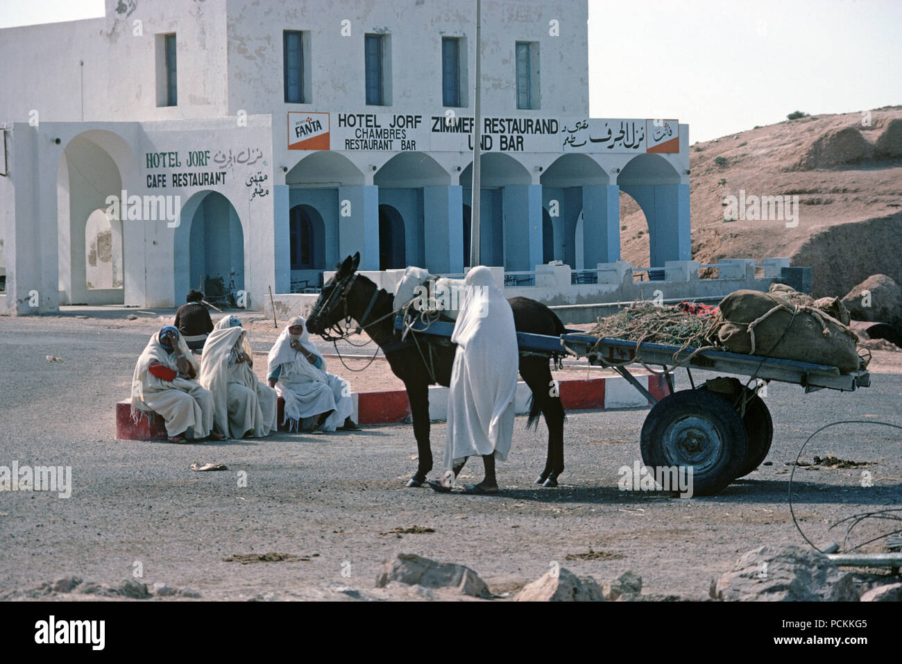 Berger femme arabe avec mule et panier avec berger arabe women sitting in front of bulding, au sud de la Tunisie, l'Afrique du Nord Banque D'Images