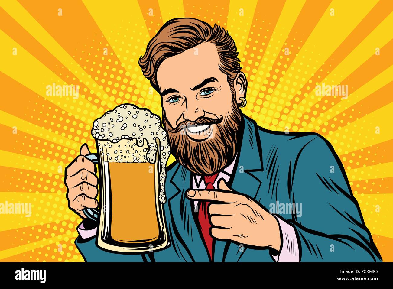 L'homme souriant avec une chope de bière foam Illustration de Vecteur