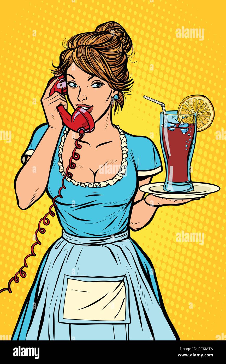 Cola citron avec la livraison. Service de l'hôtel. Serveuse Illustration de Vecteur