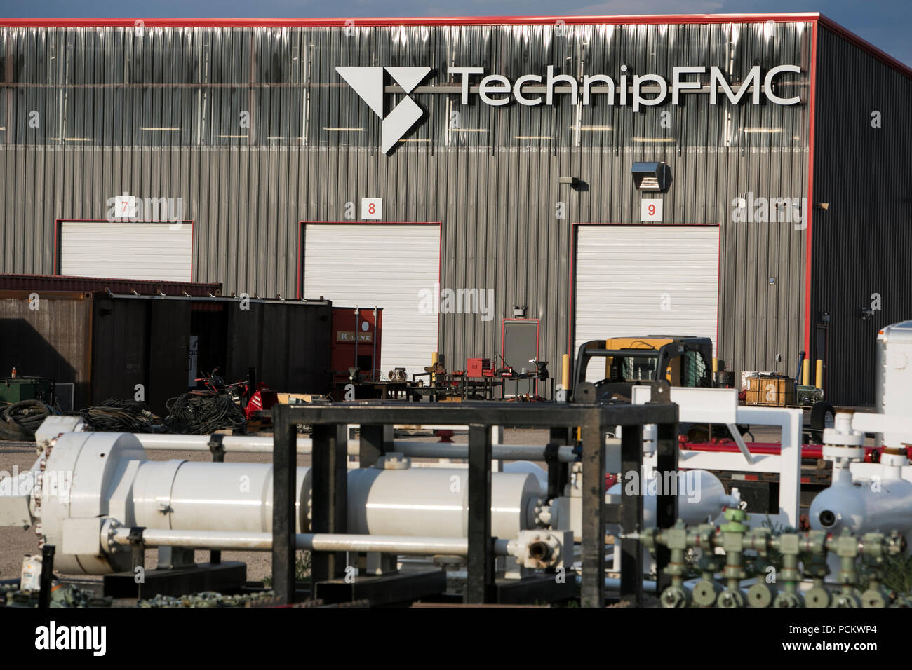 Un logo affiche à l'extérieur d'un établissement occupé par TechnipFMC à Brighton, Colorado, le 21 juillet 2018. Banque D'Images