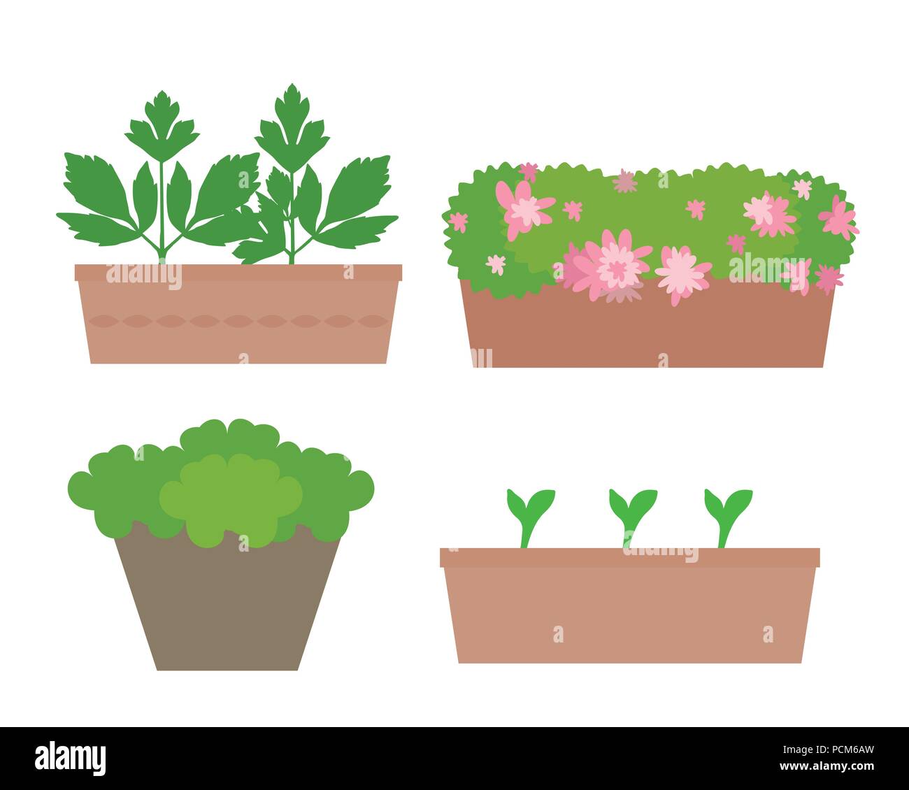 Ensemble de boîtes design plat et des pots de fleurs colorées et de légumes, isolé sur fond blanc - vector Illustration de Vecteur