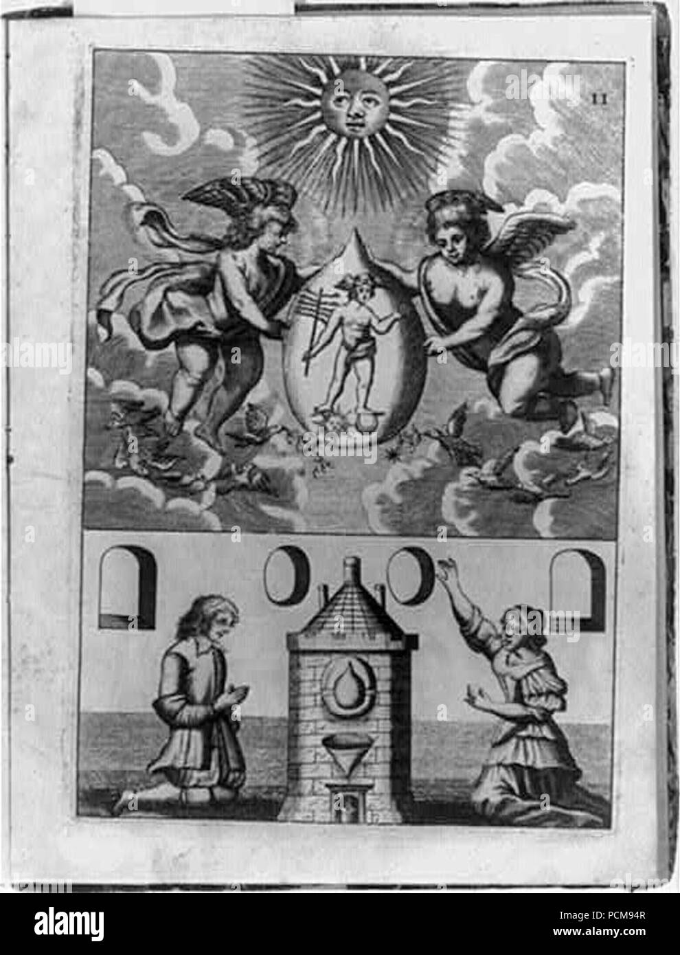 Scène alchimique montrant deux putti holding pierre philosophale contenant de l'image d'Hermès, ci-dessous qui sont un homme et une femme à genoux devant four où la transmutation n'est d'avoir lieu Banque D'Images
