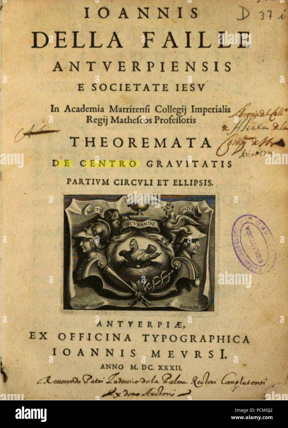 Alexander Voet, Peter Paul Rubens - Frontispice de Theoremata de centro grauitatis partium circuli et de suspension. Banque D'Images