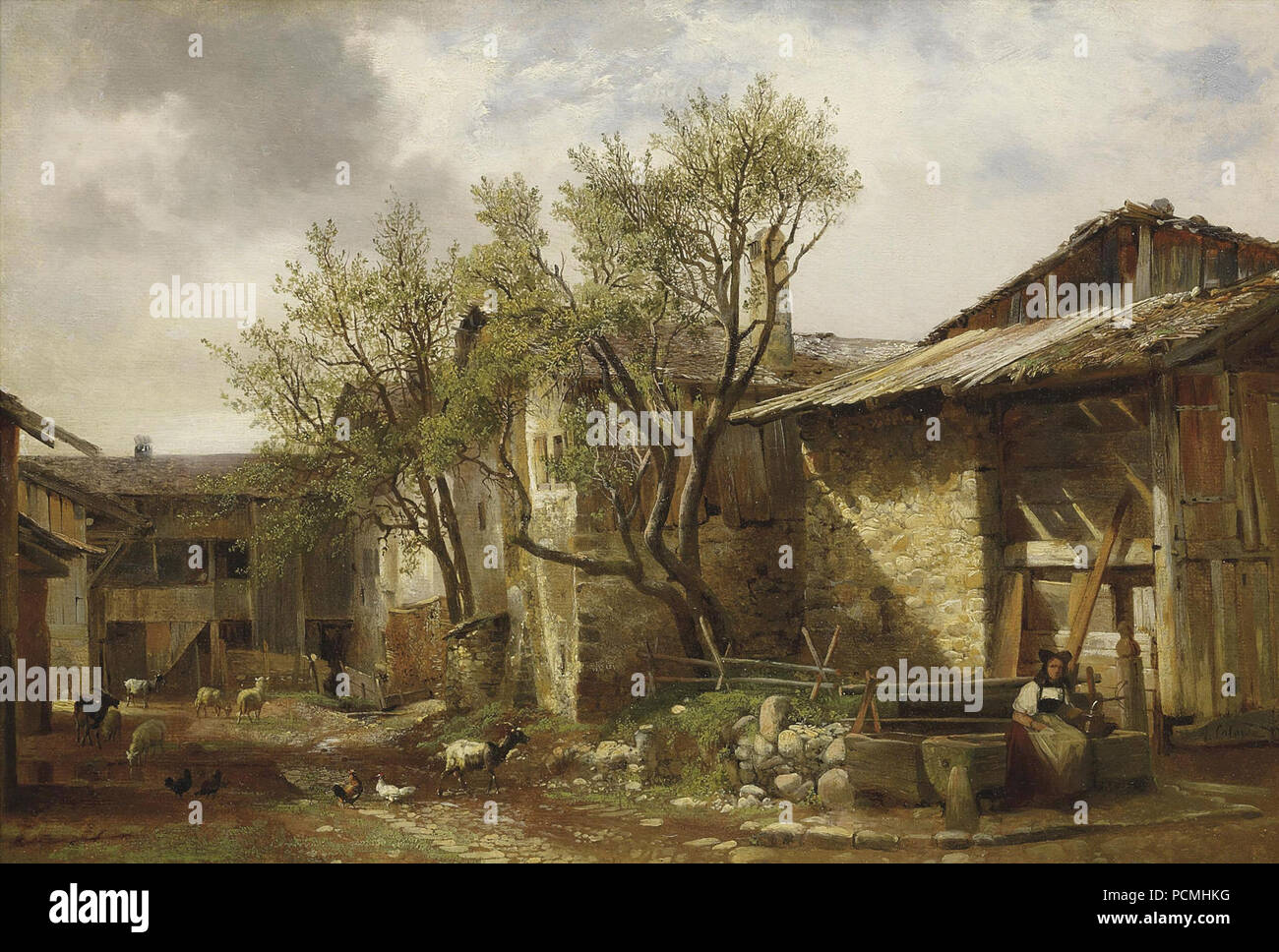 Alexandre Calame - Ferme avec paysanne et animaux. Banque D'Images