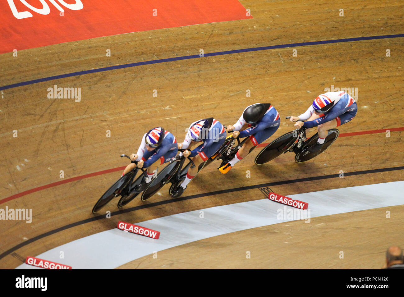 Glasgow 3 août 2018. Sir Chris Hoy vélodrome. Poursuite féminine. GBR prendre d'or sur l'Italie. Katie Archibald, Elinor Barker, laura Kenny, Evans de Neah. Credit Alan Oliver / Alamy Live News Banque D'Images