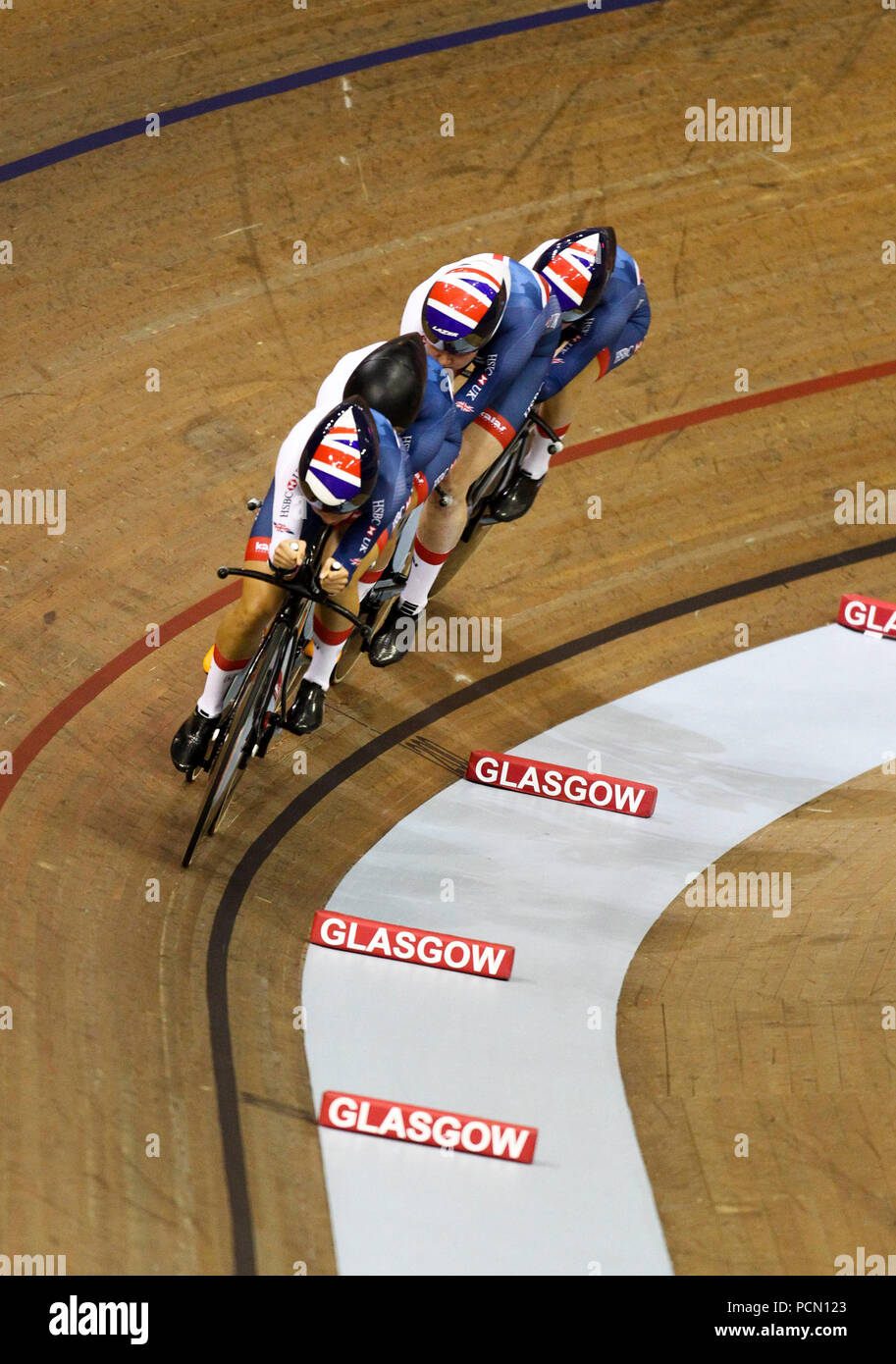 Glasgow 3 août 2018. Sir Chris Hoy vélodrome. Poursuite féminine. GBR prendre d'or sur l'Italie. Katie Archibald, Elinor Barker, laura Kenny, Evans de Neah. Credit Alan Oliver / Alamy Live News Banque D'Images