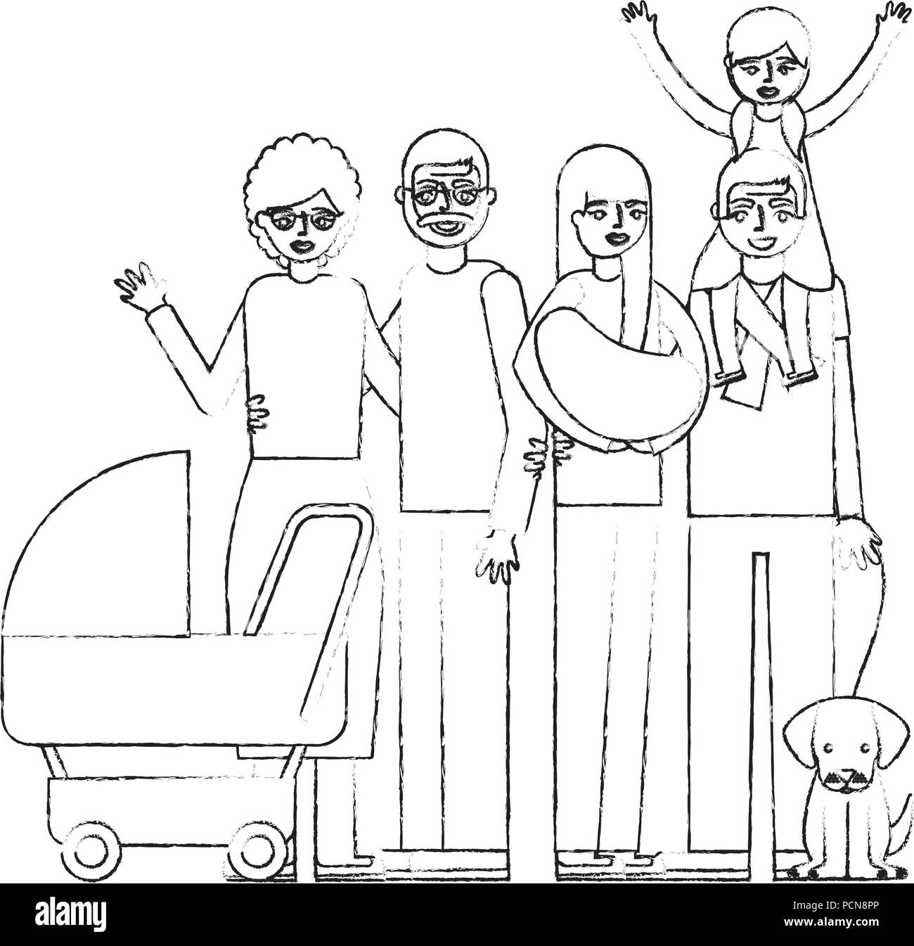 Les Grands Parents Parents Bebe Petite Fille Et Chien Famille Vector Illustration Dessin A La Main Image Vectorielle Stock Alamy