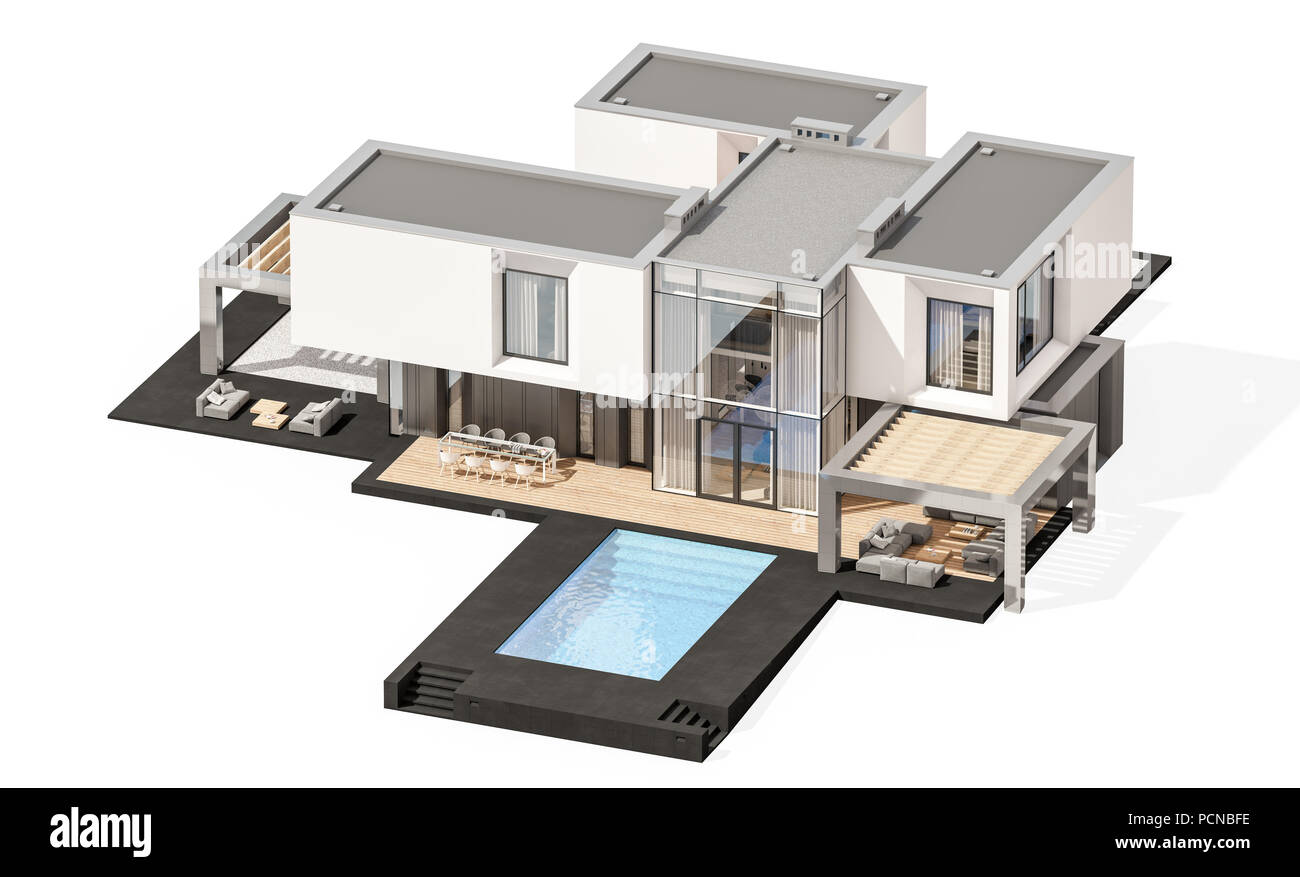 Le rendu 3D de maison confortable moderne par la rivière avec garage à vendre ou à louer. Isolé sur blanc. Banque D'Images