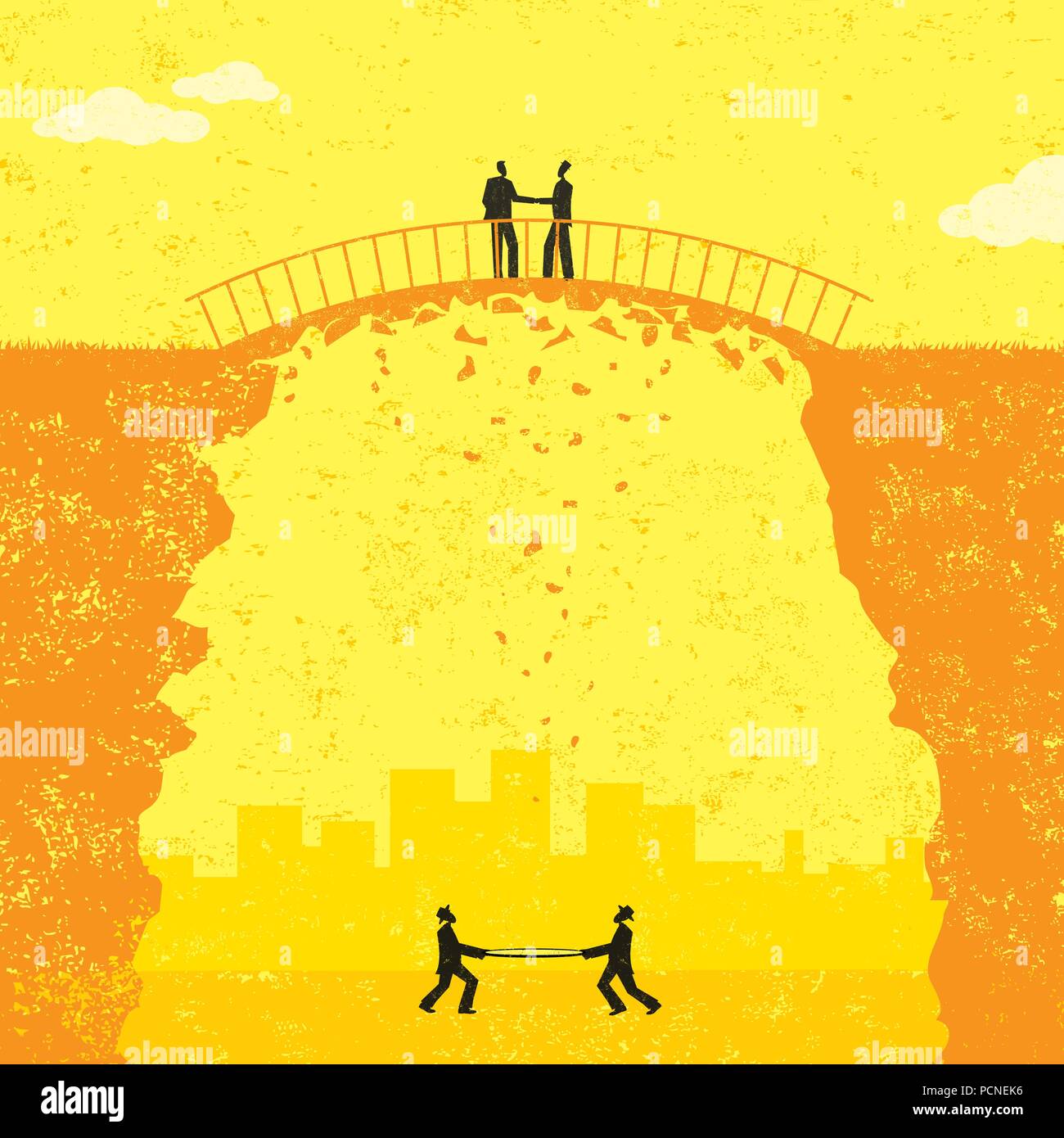 Les deux hommes d'accord fragile dans un accord d'entreprise. Si l'affaire tombe en morceaux, qu'ils ont un filet de sécurité pour les attraper s'ils tombent. Illustration de Vecteur