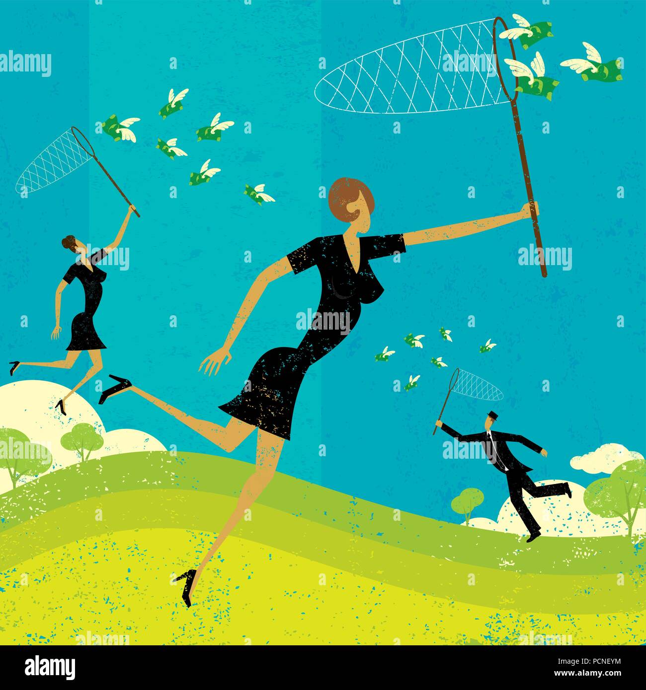 Chasser les gens d'affaires de dollars à la poursuite de l'argent vol avec filets à papillons. Illustration de Vecteur